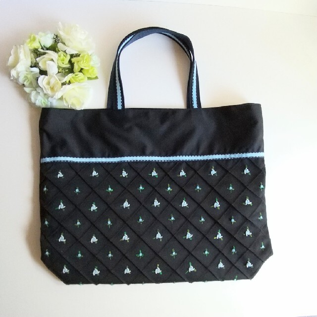 格子×バラ刺繍 濃紺 大きめトート お受験 学期末に バッグ バッグ
