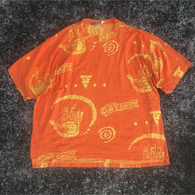 希少 90’s Vintage Tシャツ オレンジ 総柄 サイケ ハンド 渦巻