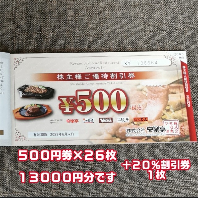 安楽亭 株主優待券 ５００円券２６枚 １３０００円分＋２０％割引券１枚です