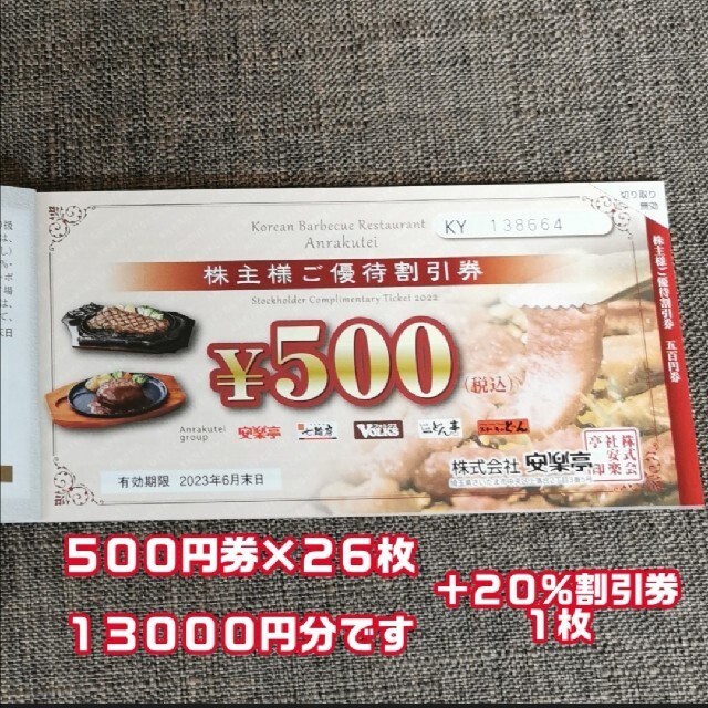 安楽亭 株主優待券 ５００円券２６枚 １３０００円分＋２０％割引券１