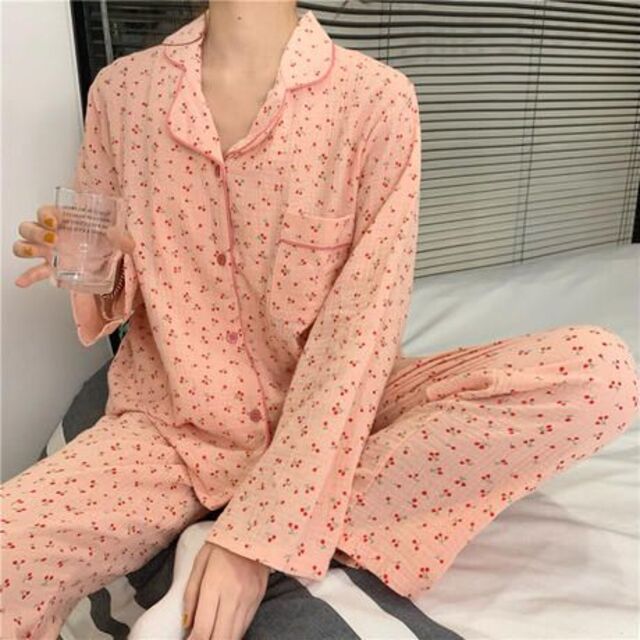 ポイント10倍】 さくらんぼ 柄 パイピング ルームウェア 上下セット