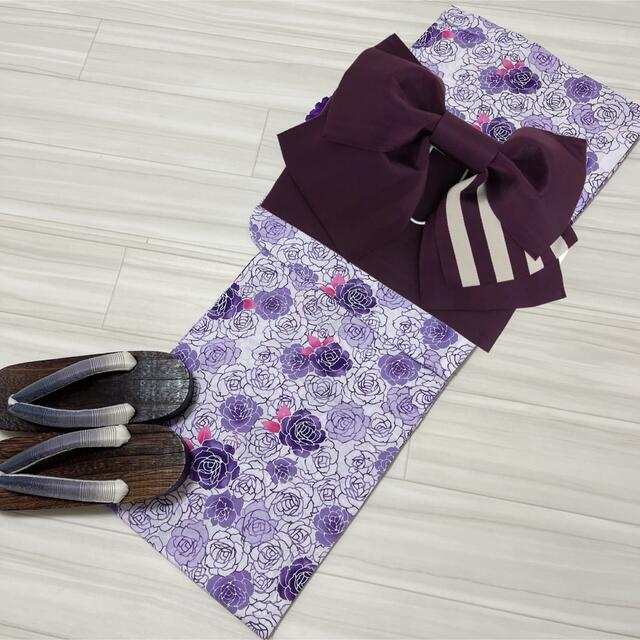 作り帯 浴衣ジェンヌ 浴衣3点セット 白地に紫系のローズ 薔薇浴衣