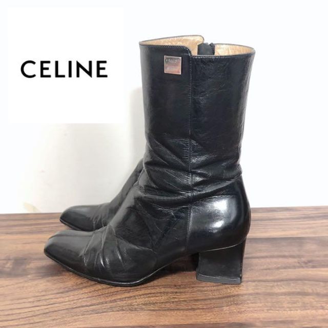 CELINE◇セリーヌ OLD ショートブーツ ロゴ バンバン ブラック ブーツ ...