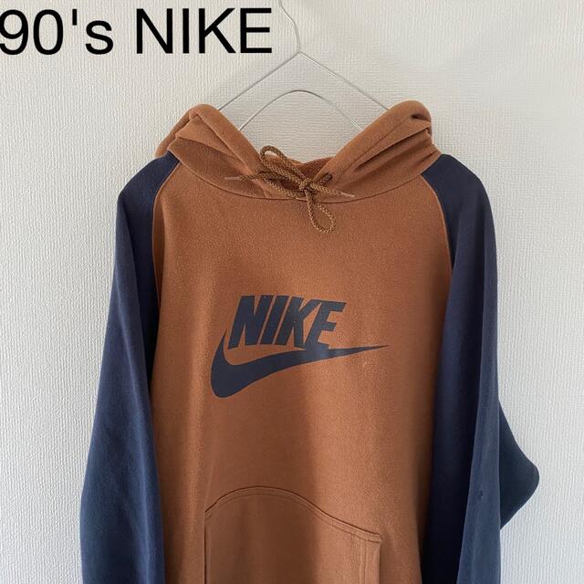 90'sNIKEナイキパーカーバイカラーブラウン茶xlXLメンズ長袖Y2K