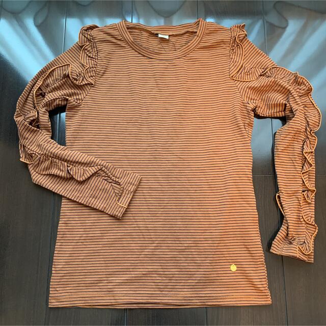 ボーダー、フリル、長袖、Tシャツ、ロンT,ブラウン、茶色、新品、フリー