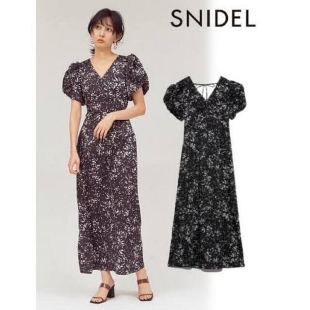 SNIDEL(スナイデル)のSNIDEL Sustainaギャザーパフスリーブワンピース BLK　0 レディースのワンピース(ロングワンピース/マキシワンピース)の商品写真