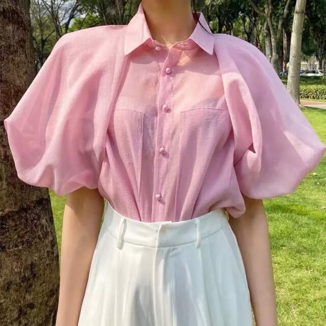 半袖 シースルー パフスリーブ ブラウス 韓国 服 レディース 緑 白 ピンク夏