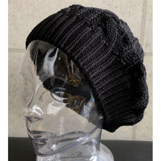 送料込 新品 帽子 幅広リブ サマーニット ベレー帽 ざっくり編み コットン 黒 レディースの帽子(ハンチング/ベレー帽)の商品写真