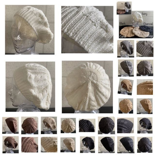 送料込 新品 帽子 幅広リブ サマーニット ベレー帽 ざっくり編み コットン 黒 レディースの帽子(ハンチング/ベレー帽)の商品写真