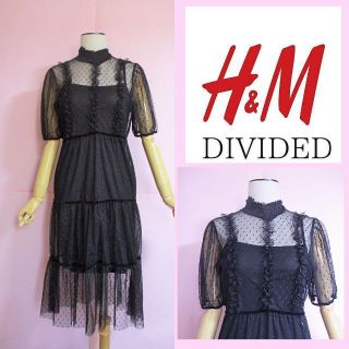 エイチアンドエム(H&M)の【H&M】ドット柄メッシュマキシワンピース　　黒 　ストレッチ　ティアード(ロングワンピース/マキシワンピース)