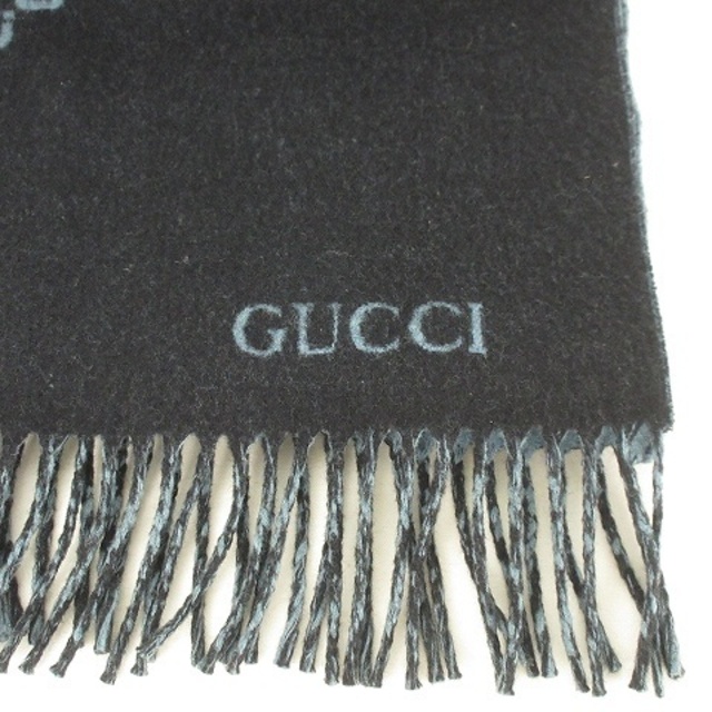 Gucci(グッチ)のグッチ ダブルフェイス ホースビット柄 ウール マフラー フリンジ 黒/青  メンズのファッション小物(マフラー)の商品写真