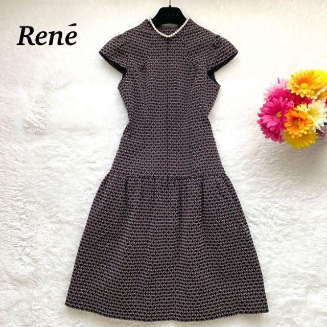 【希少サイズ♡美品】Rene  ワンピース　TISSUE  マオカラー　ドットひざ丈ワンピース