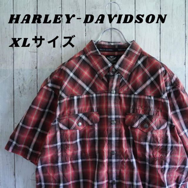 約57cm袖丈ハーレーダビッドソン　シャツ　半袖　チェック　赤　ゆるだぼ　　XL