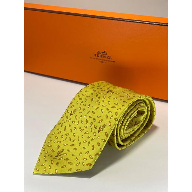エルメス HERMES ネクタイ イエロー 総柄 箱付き シルク100% メンズ