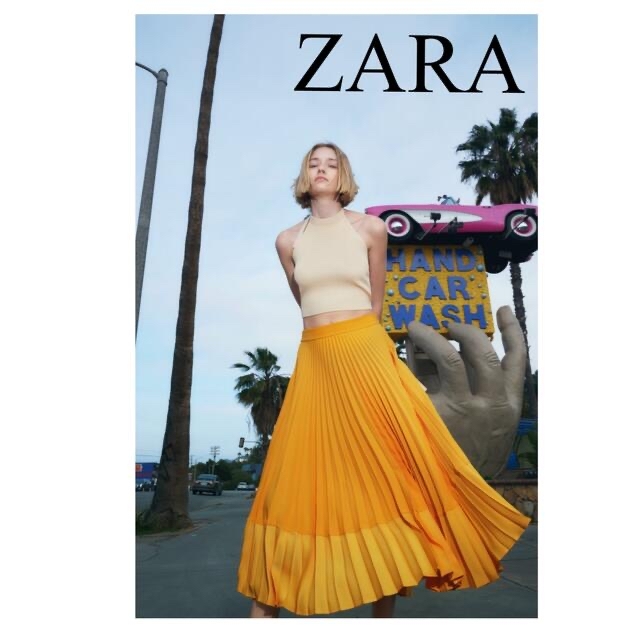 ZARA(ザラ)のZARA オレンジ プリーツ ロング スカート S コントラスト 新品 完売  レディースのスカート(ロングスカート)の商品写真