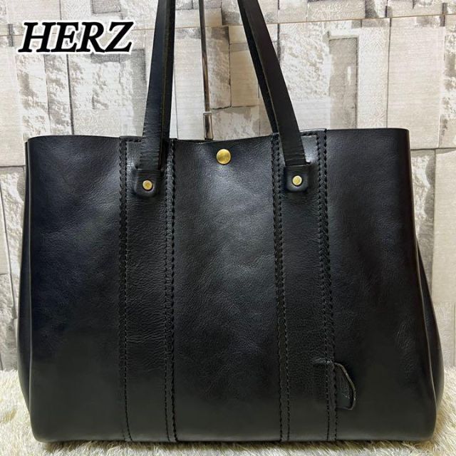超美品】ヘルツ トートバッグ ビジネスバッグ レザー 黒 ゴールド金具