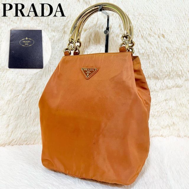 希少✨PRADA ハンドバッグ　メタルハンドル　三角ロゴ　オレンジ　ゴールド金具