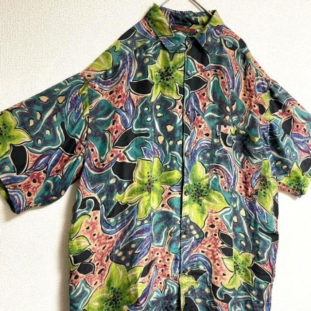 激レア】◎US◎90s◎総柄◎シルクシャツ◎レトロ◎ボタニカル◎アート