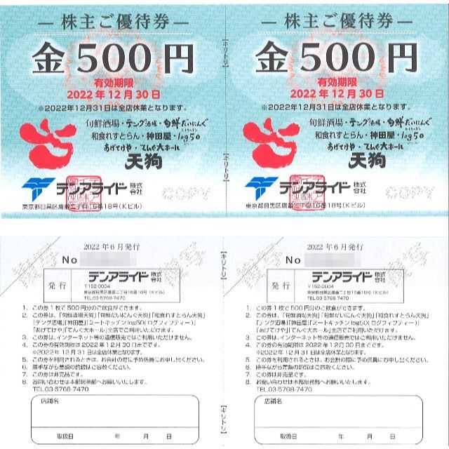 テンアライド 株主ご優待券10000円分(500円券×20枚)22.12.30迄 | dwk.ac.th