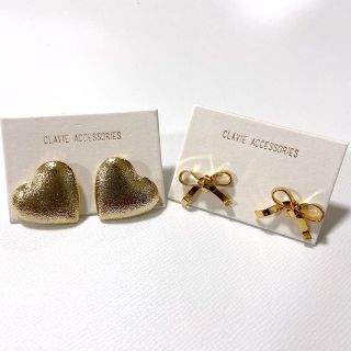 2点セット ハート & リボン ピアス ゴールド系(ピアス)