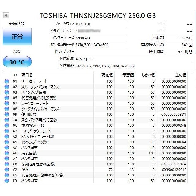 使用977時間■SSD 256GB■東芝■mSATA■THNSNJ256GMCY