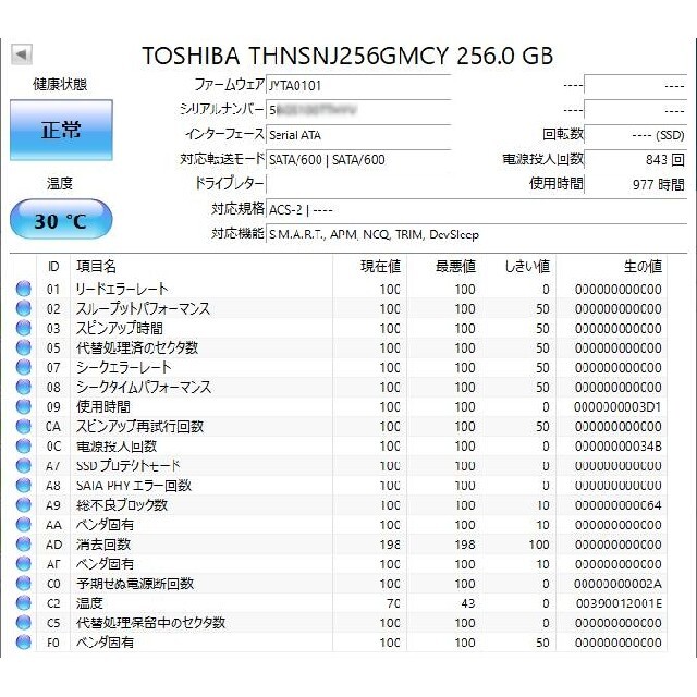 TOSHIBA SSD mSATA 256GB使用時間0