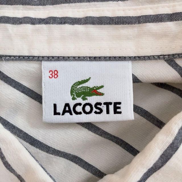 LACOSTE(ラコステ)のLACOSTE ラコステ　ポロシャツ　白　グレー　ストライプ　麻混　半袖　38 レディースのトップス(ポロシャツ)の商品写真