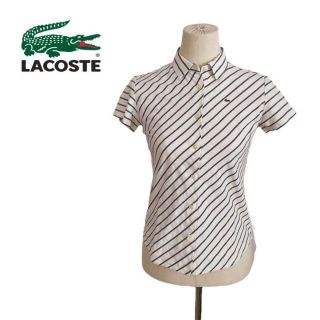 ラコステ(LACOSTE)のLACOSTE ラコステ　ポロシャツ　白　グレー　ストライプ　麻混　半袖　38(ポロシャツ)