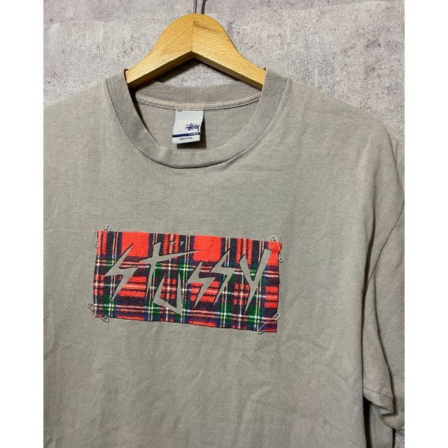 USA製 ビンテージ▽STUSSY パンクロック 安全ピン 半袖Tシャツ グレー