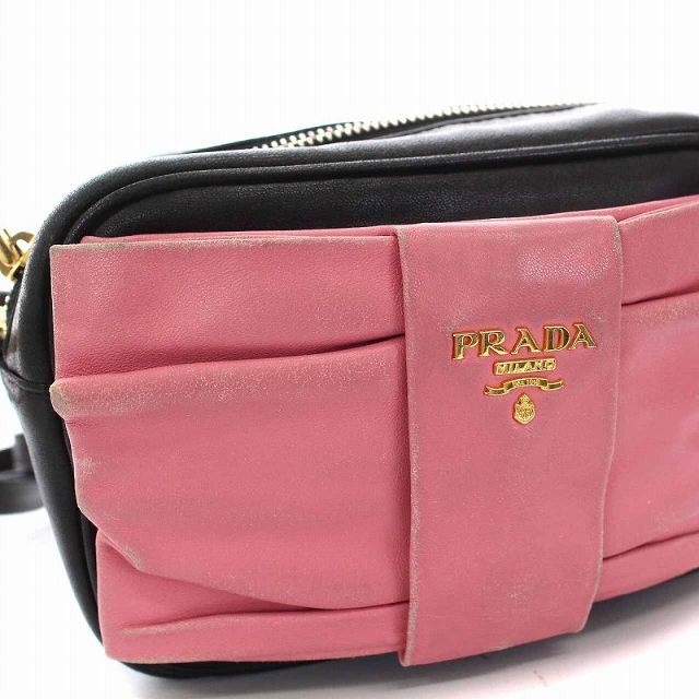 PRADA(プラダ)のプラダ ショルダーバッグ ポシェット ポーチ リボンモチーフ レザー 黒 ピンク レディースのバッグ(ショルダーバッグ)の商品写真