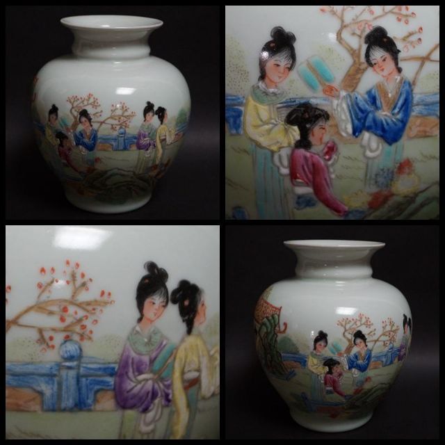 景徳鎮 大清雍正年製在銘粉彩色絵『仕女図』飾壺 花瓶☆茶事/茶道具