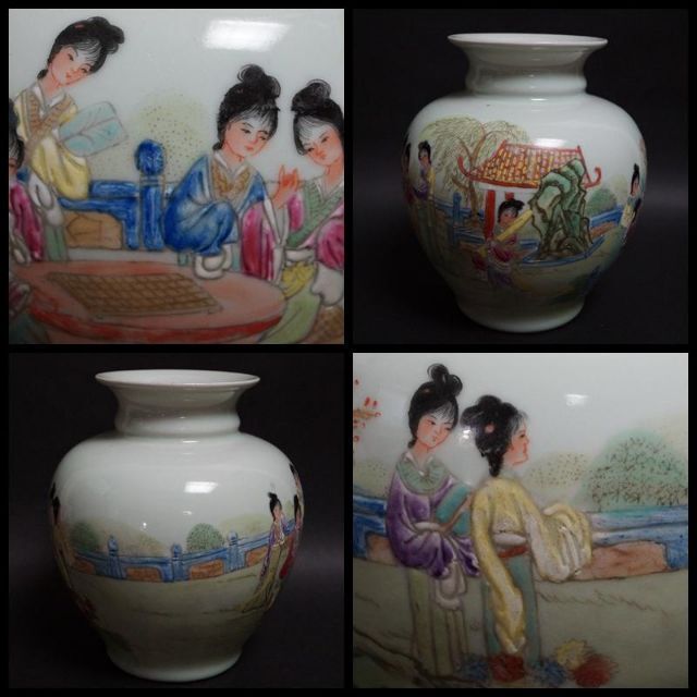 景徳鎮 大清雍正年製在銘粉彩色絵『仕女図』飾壺 花瓶☆茶事/茶道具