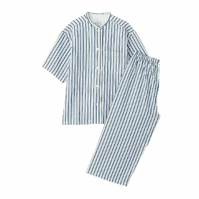 MUJI (無印良品)(ムジルシリョウヒン)の無印良品 脇に縫い目のないサッカー織り半袖パジャマ／ダークネイビーストライプ／Ｌ レディースのルームウェア/パジャマ(パジャマ)の商品写真