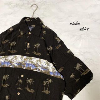 柄シャツ　総柄　ハワイアン　古着　奇抜　デザイン　アロハ　レーヨン　ヤシの木(シャツ)