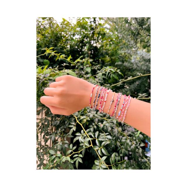 torn cloth bracelet/ファブリックコード+ビーズブレスレットc ハンドメイドのアクセサリー(ブレスレット/バングル)の商品写真