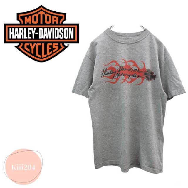 海外ブランド ハーレーダビッドソン 炎 グレー 半袖Tシャツ ロゴ