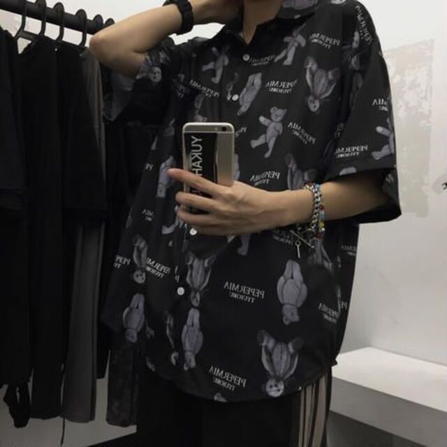  病みかわ くま テディベア ビッグシルエット 半袖 シャツ ブラック レディースのトップス(Tシャツ(半袖/袖なし))の商品写真