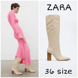 ザラ(ZARA)のZARA　レザーハイヒールブーツ　36サイズ　エクリュ(ブーツ)