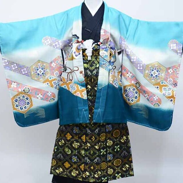 七五三 五歳 男児 羽織袴 フルセット 青×紺 袴変更可能 NO33703