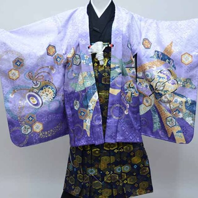 のサイズ 七五三 金刺繍 紫地 鷹 袴変更可 NO37770 五歳 男児 羽織袴フルセット でおしゃれ