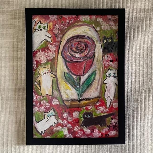 絵画 。壁掛け絵原画手描き【バラガーデンで猫たちが踊るロマンチック