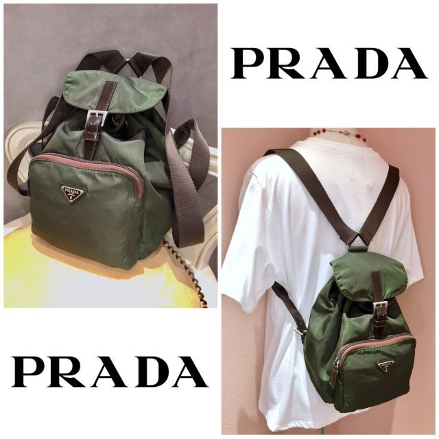 PRADA プラダ ミニリュックサック 巾着型 オリーブグリーン系 三角ロゴ | フリマアプリ ラクマ