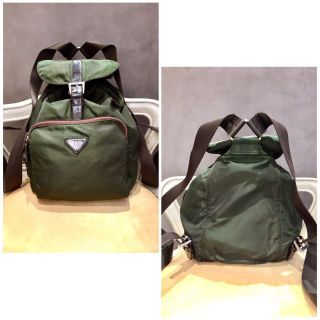 PRADA プラダ ミニリュックサック 巾着型 オリーブグリーン系 三角ロゴ