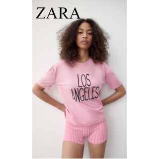 ザラ(ZARA)のZARA 刺繍 テキスト ロゴ Tシャツ ピンク Ｌ　新品  エンブロイダリー(Tシャツ(半袖/袖なし))