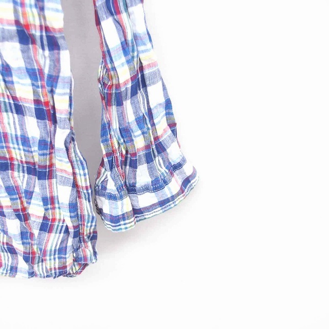 ABAHOUSE(アバハウス)のアバハウス リネンシャツ シャツ ステンカラー チェック 七分袖 2 紺 白 メンズのトップス(シャツ)の商品写真