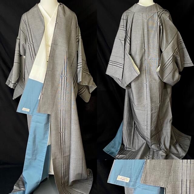 〈薄いグレーに変わり縞の紬〉SALE 手織り　織り出し　トール　　普段着着物