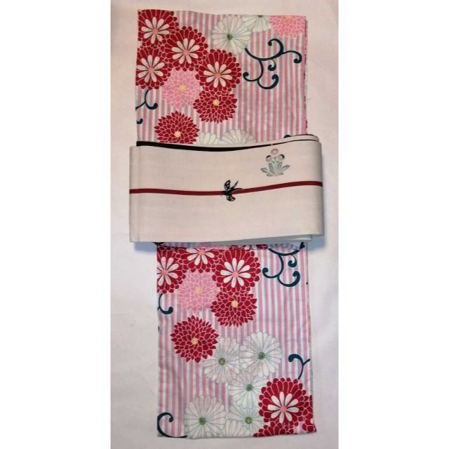☆新品☆un deuxブランド浴衣☆ピンク白縦縞.古典菊レトロ柄☆ふりふ