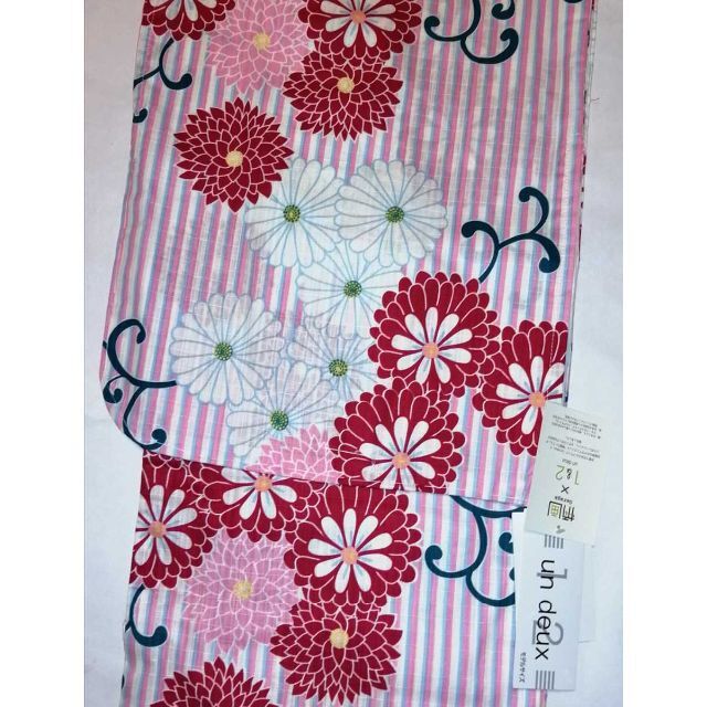 ☆新品☆un deuxブランド浴衣☆ピンク白縦縞.古典菊レトロ柄☆ふりふ