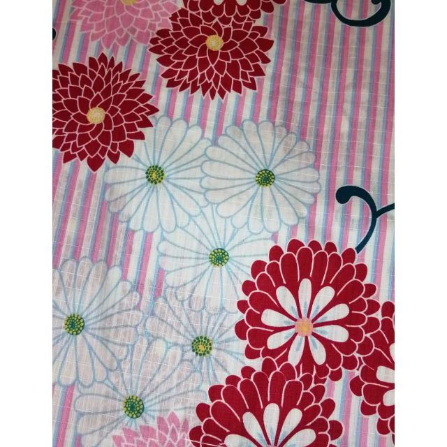 ☆新品☆un deuxブランド浴衣☆ピンク白縦縞.古典菊レトロ柄☆ふりふ