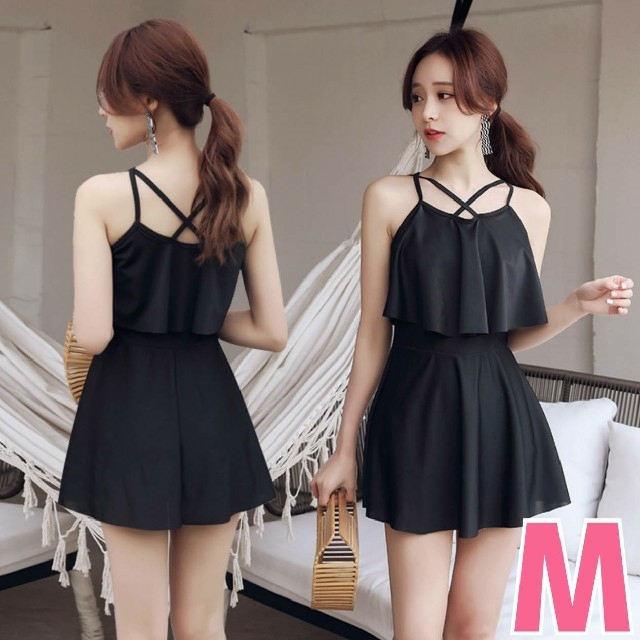 ワンピース 韓国 フリル セパレート 水着 可愛い 着痩せ 黒 ブラック M